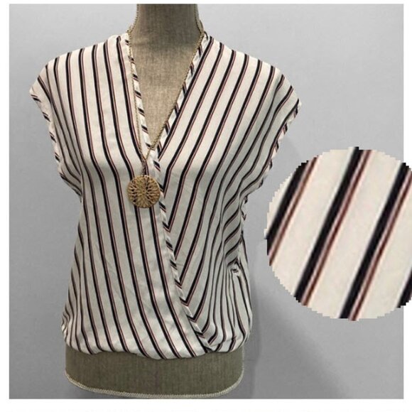 Sienna Sky White Stripe Wrap-Over Sleeveless Blouse top - Picture 3 of 14